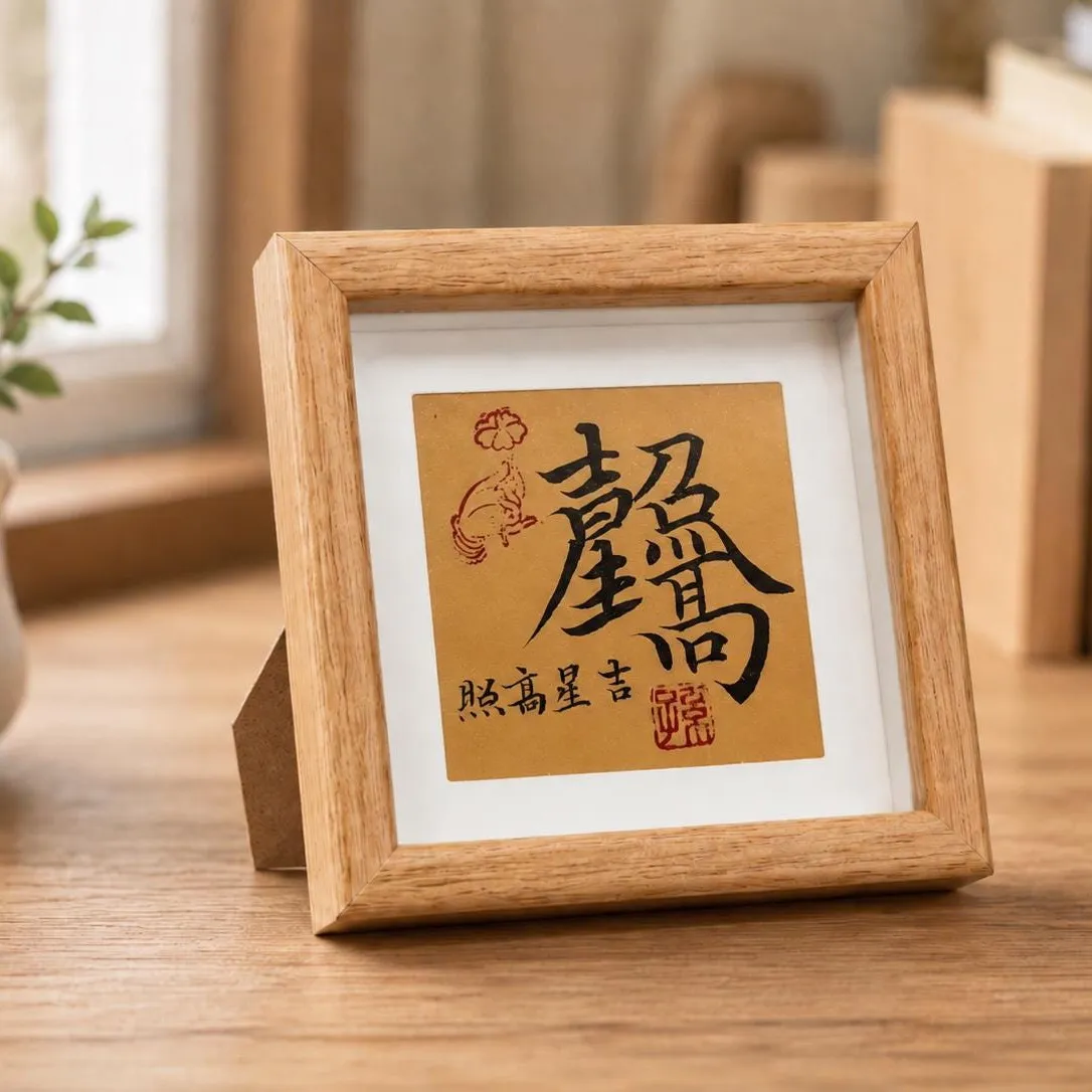 A small oak desk frame holding hand-brushed calligraphy on gold-toned paper, standing on a wooden desk in window light